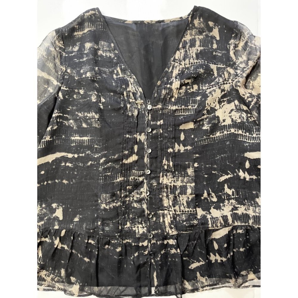 Women's Black & Taupe Chiffon Blouse Size 1X (16W-18W) V-Neck Tux-Pleated Button - Picture 3 of 9